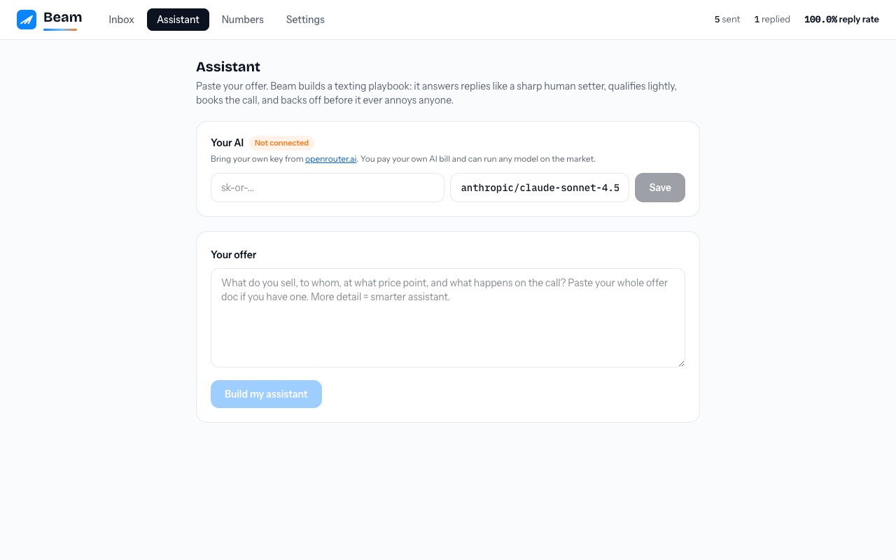 The Assistant tab where a workspace owner connects an AI key, builds business context, and safely tests responses
