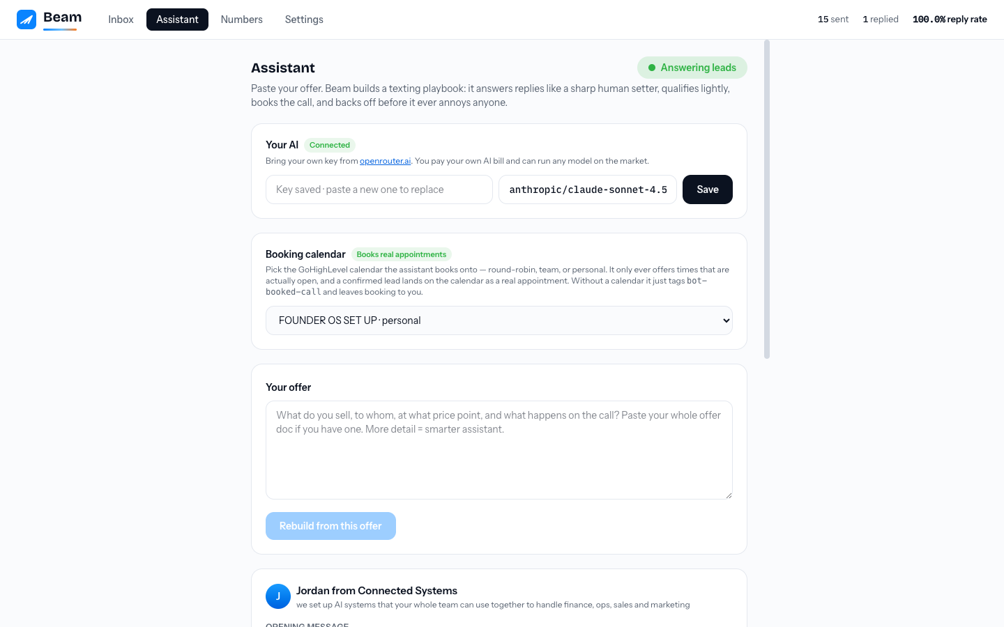 The Assistant tab: AI connected, and the Booking calendar card set to a real CRM calendar with Books real appointments on