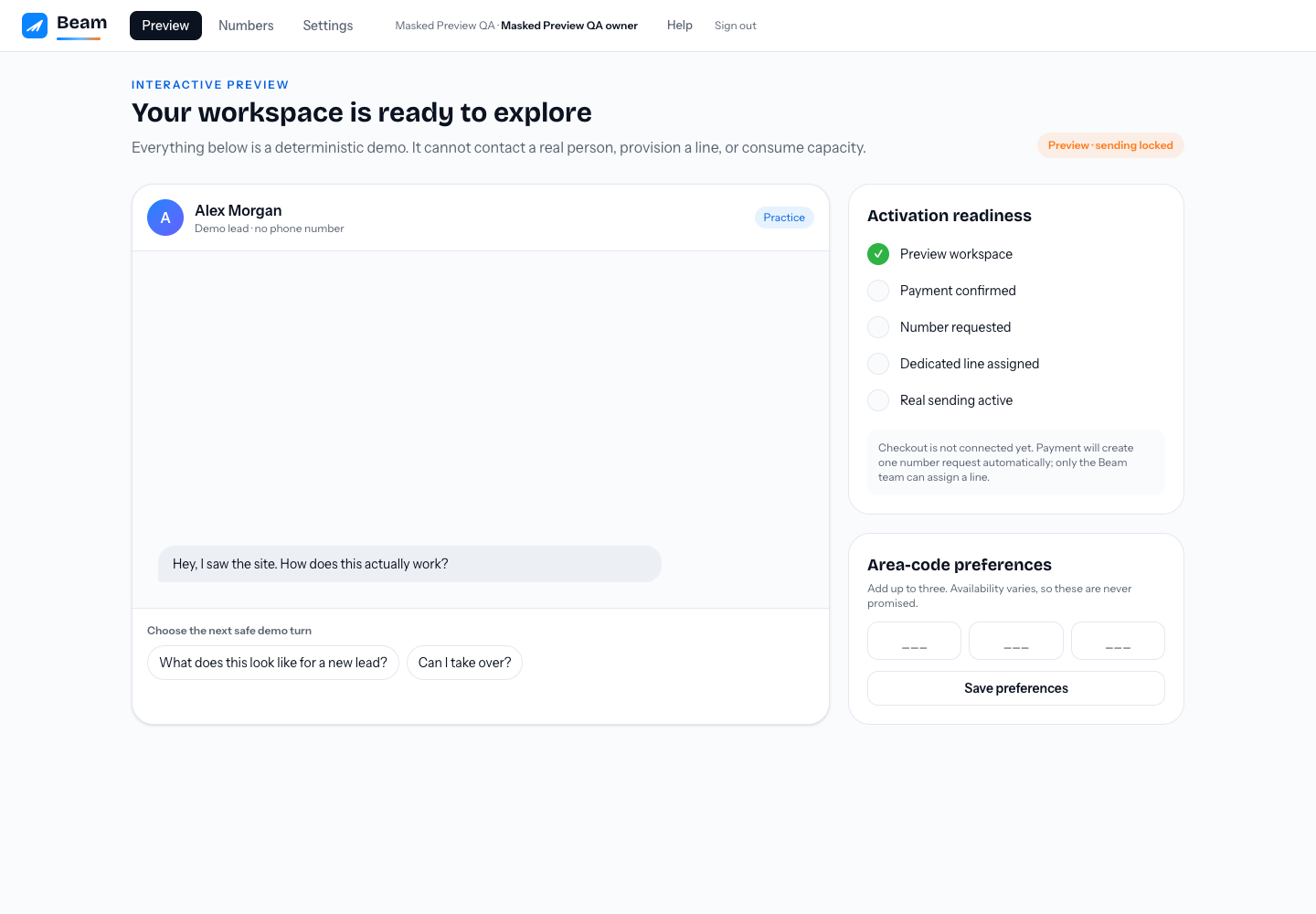 Masked Beam preview workspace with deterministic demo conversation and activation readiness