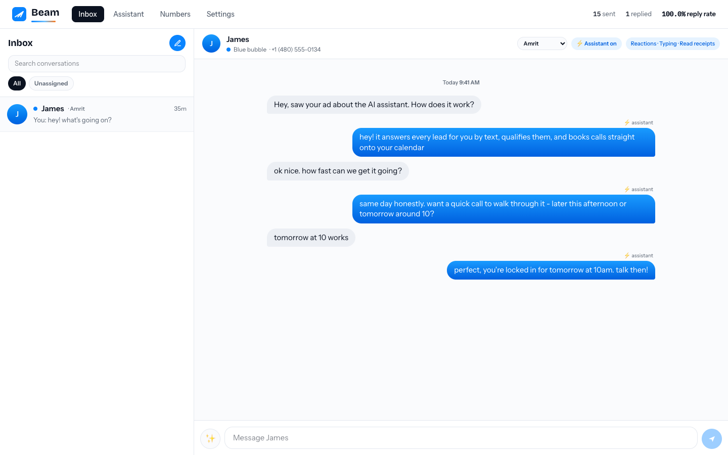 Beam shared inbox showing a lead conversation, assistant activity, and team assignment