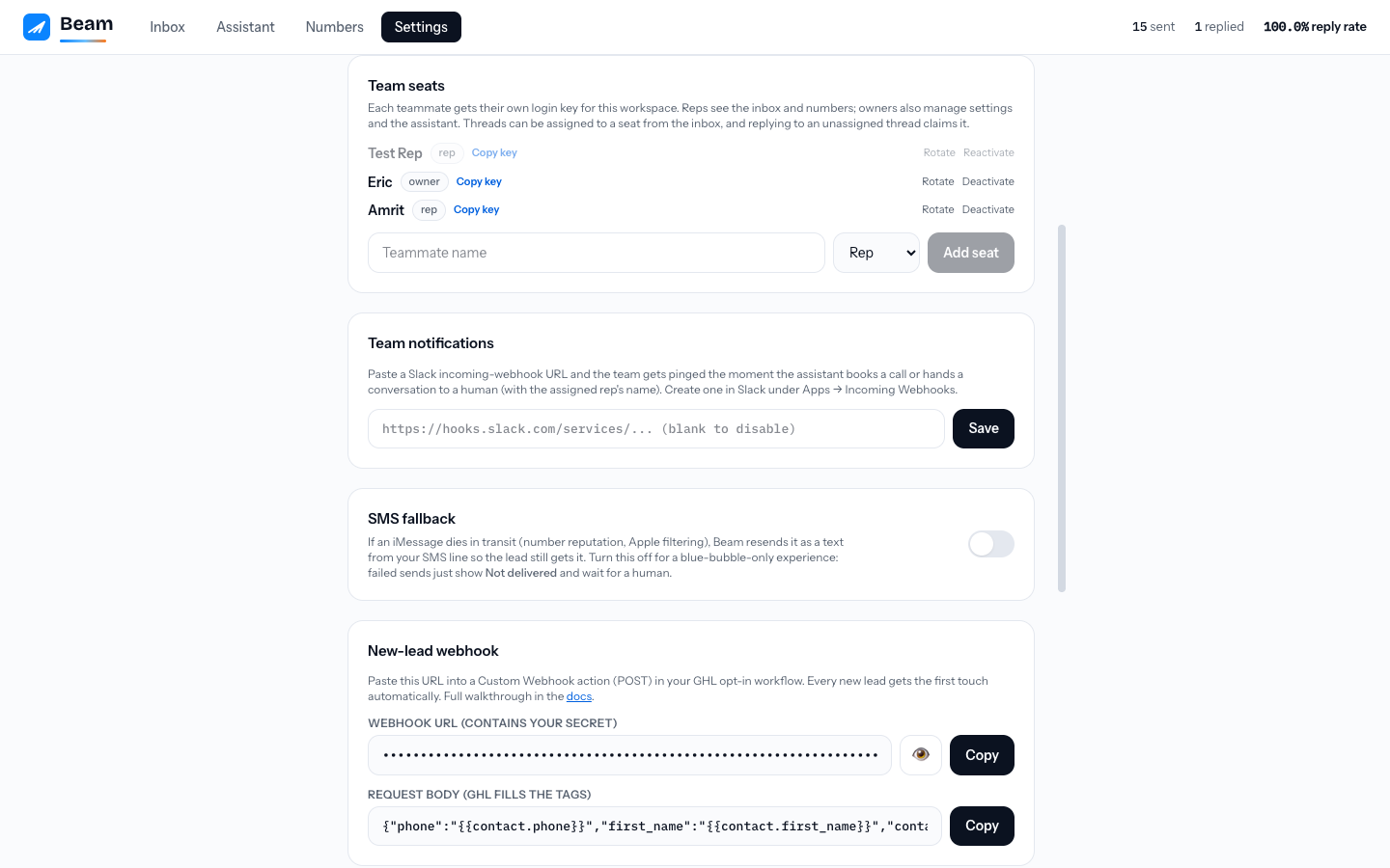 Settings: Team seats with roles and key management, team-channel notifications, and the text fallback toggle